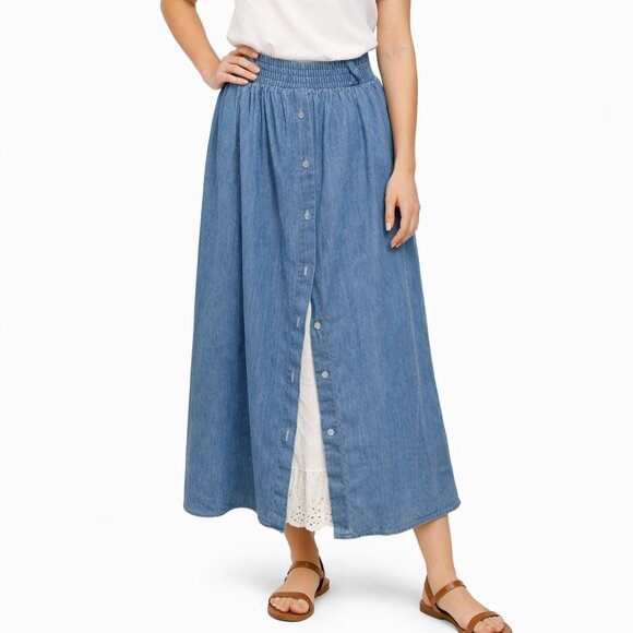 None Dresses & Skirts - Vintage 70s Cottage Core Denim Blue Jean Skirt White Eyelet Lace Inset Size XS